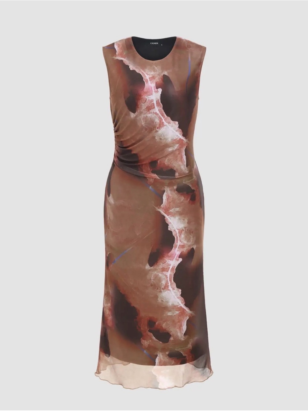 Cider Gauze Abstract Print Midi Dress in Brown
